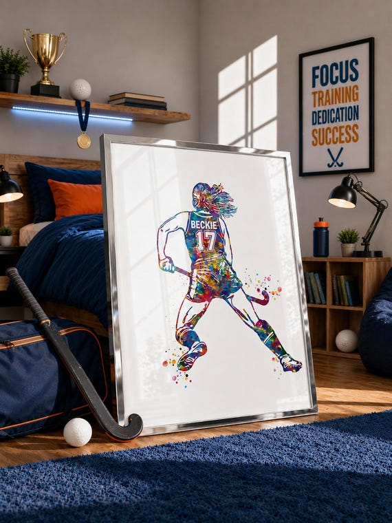 Personalized Field Hockey Watercolor Print, Sports Girl Room Decor-2397