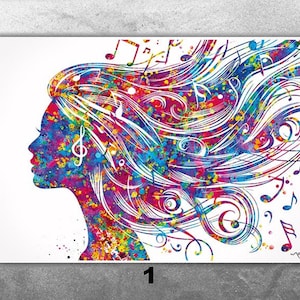 Watercolor Girl with Music Notes Print, Treble Clef Musician Gift-2816