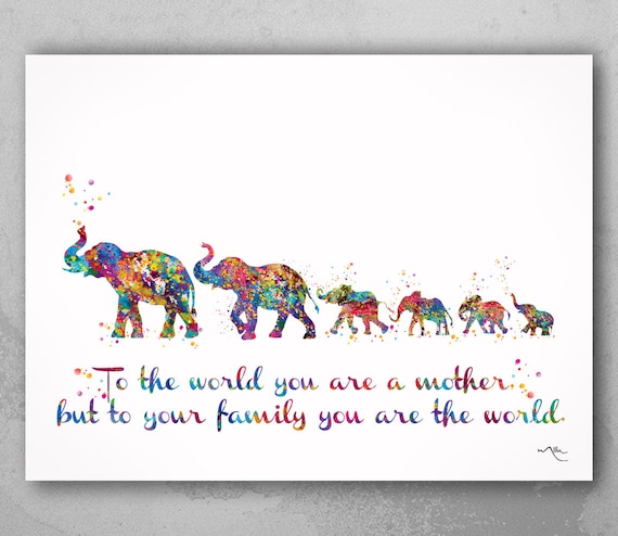 Elephant Family Mom Dad and Four Baby Watercolor Print Quote Art Wedding Gift Family Print Wall Art Home Decor Housewarming Wall Prints-1863