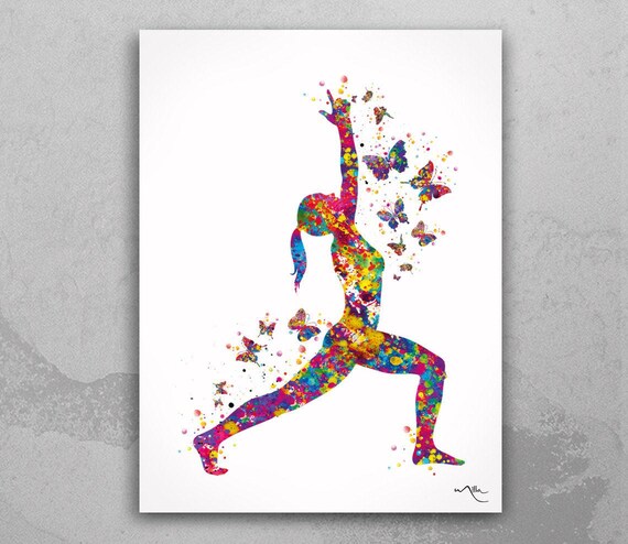 Warrior I Yoga Pose Print, Colorful Butterfly Watercolor Art-121