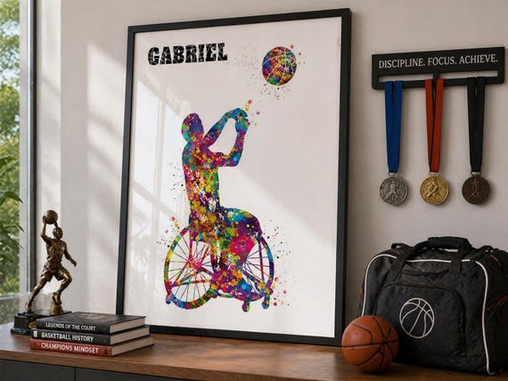 Wheelchair Basketball Watercolor Print, Boy's Sports Wall Art-1953