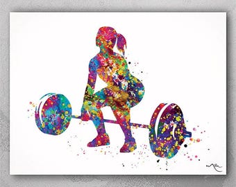 May include: A watercolor painting of a person lifting a barbell. The person is in a squat position with their arms extended. The barbell is painted in shades of blue, green, and yellow. The person is painted in shades of pink, purple, and orange.