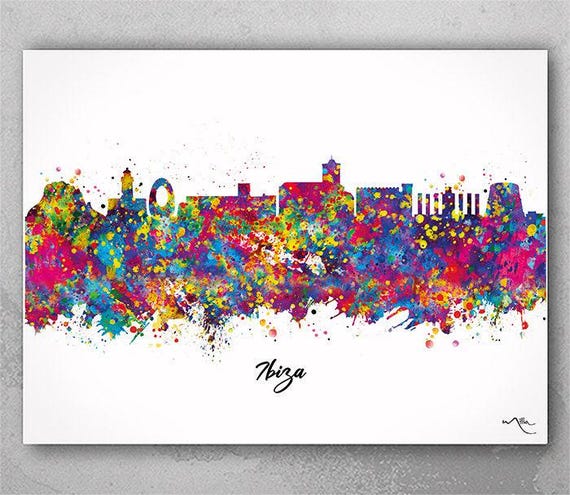 Ibiza Skyline Watercolor Art Print, Spain Travel Poster-2700