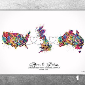 Personalised Map Print Watercolor Print Any Three Maps Moving Abroad Present Distance Gifts Country to Country Customized Wall Art-2945