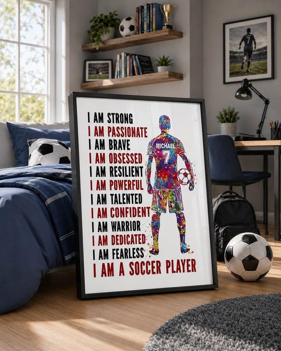 Personalized Soccer Player Male Watercolor Print, Motivational Quote Art-2506