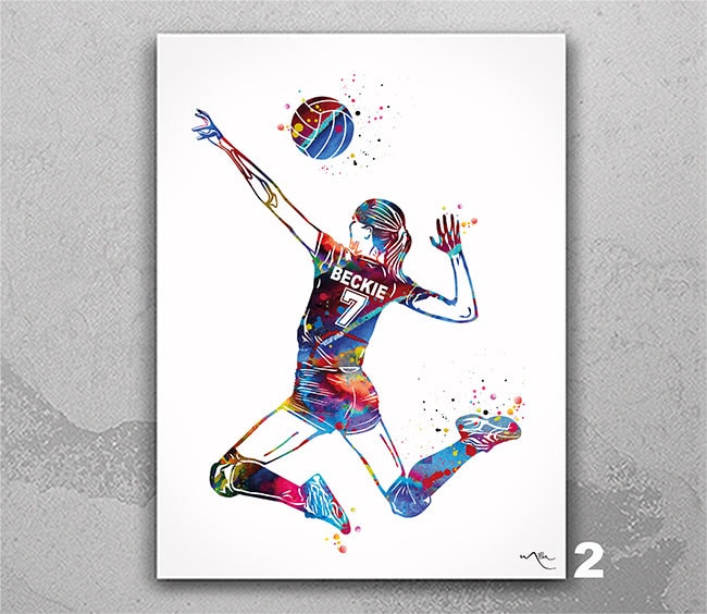 Personalized Volleyball Girl Watercolor Print, Teen Room Decor