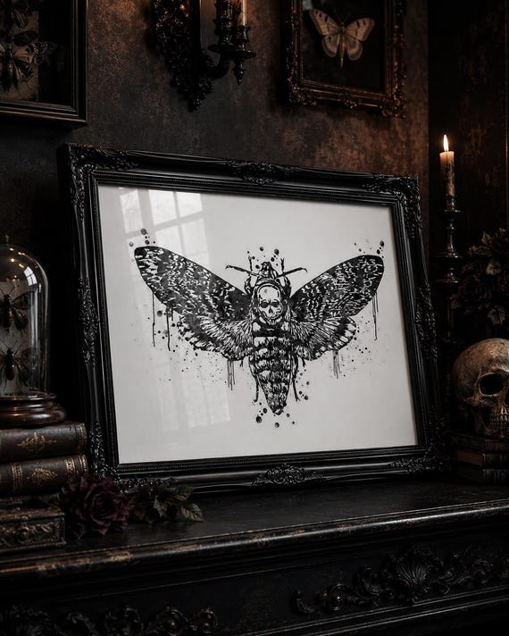 Deaths Head Hawk Moth Watercolor Art Print: Gothic Insect Wall Decor-836