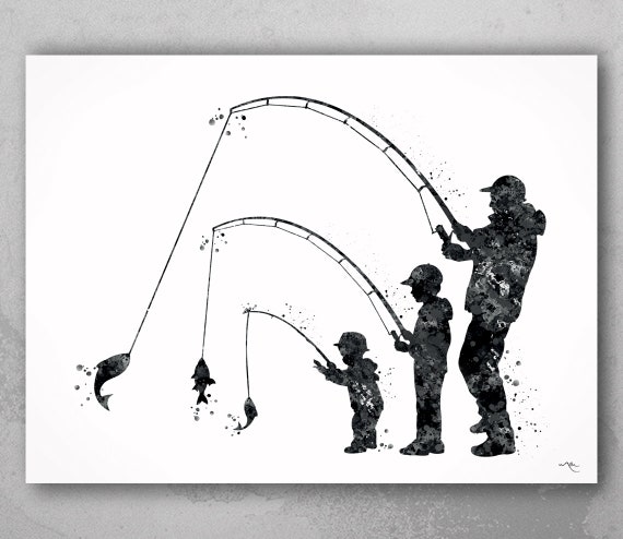Father Son and Baby Fishing Watercolor Print Fishing Kids Father Day Fishing  Art Gift Wall Art Dad and Kids Home Decor Nursery Decor-2136 