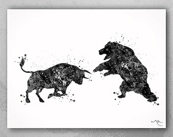 Bull and Bear Watercolor Print, Stock Market Art-610