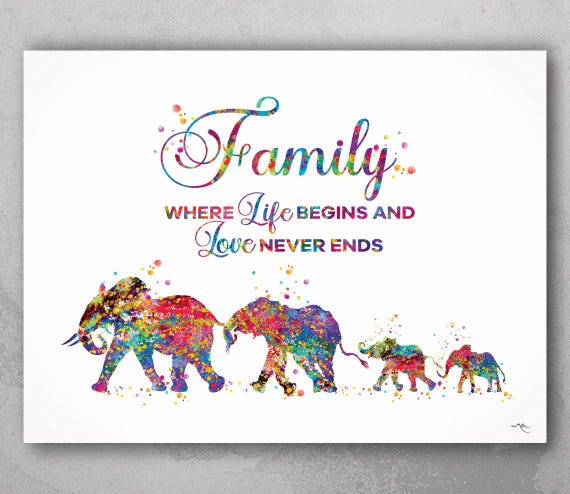 Elephant Family Watercolor Print: Mom, Dad & Two Babies Art-1155