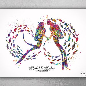 Scuba Diving Couple Watercolor Print Personalised Scuba Diving Couple Print Wall Art Diving Wedding Gift Valentine's Gift Wall Hanging-2596