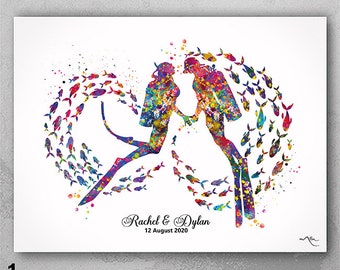 Scuba Diving Couple Watercolor Print Personalised Scuba Diving Couple Print Wall Art Diving Wedding Gift Valentine's Gift Wall Hanging-2596