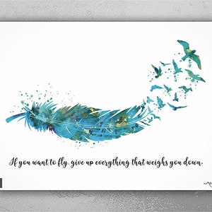 Birds Feather Quote Watercolour Print Motivational Quotes Inspirational Quotes Inspiring Quotes Teal Feather to Birds Housewarming Gift-846