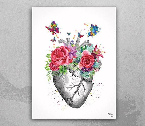 Floral Heart Anatomy Watercolor Print: Butterfly Medical Art-1353