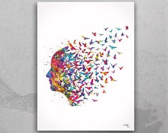 Free Mind Watercolor Print Flying Birds Painting Meditation Freedom Yoga Print Psychology Clinic Therapy Yoga Original Design Nirvana-1014