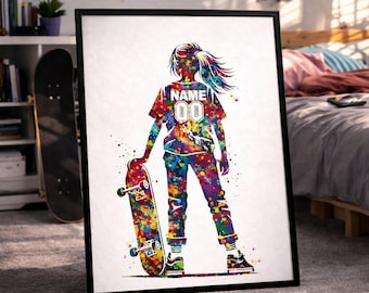 Personalized Skateboarder Girl Watercolor Print, Custom Wall Art-2890