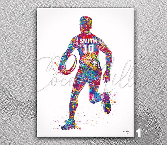 Personalized Rugby Player Watercolor Print, Sports Wall Art-2955