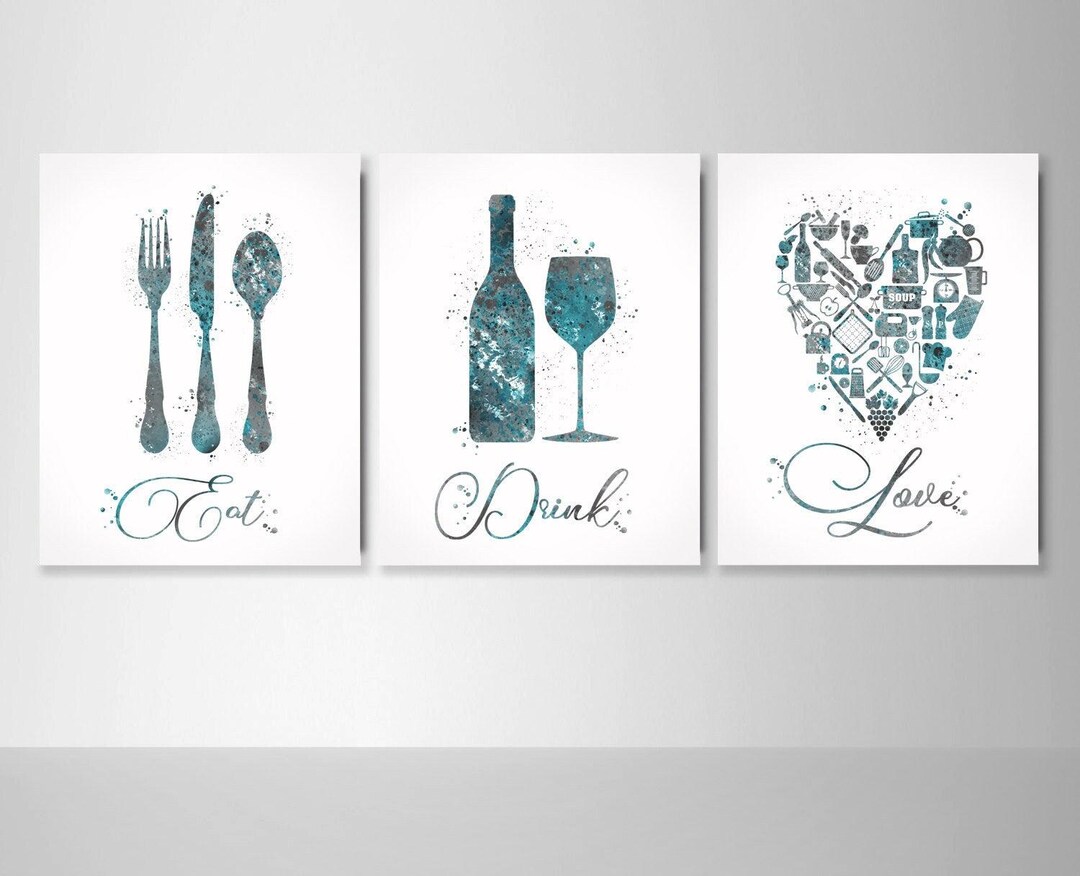 kitchen art personalized prints - utensils, cups,... Kitchen Art Watercolor Print Eat Drink Love Set of 3 Kitchen Wall Art ...