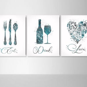 Kitchen Art Watercolor Print Eat Drink Love Set of 3 Kitchen Wall Art Housewarming Gift Food and Drink Dining Room Wall Decor Dine Room-2094