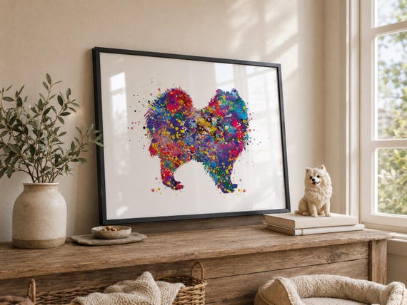 Pomeranian Watercolor Art Print, Colorful Dog Wall Decor-752