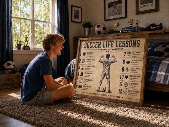 Personalized Soccer Life Lessons Print, Boy Soccer Player, Custom Name Number Sports Poster-3056