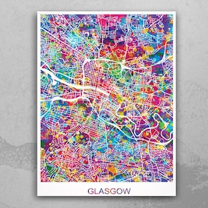 Glasgow Map Print, Watercolor Art Print, Glasgow Street Map, Travel Decor, Wanderlust, Map Art, Wall Hanging, Scotland Street Map-885