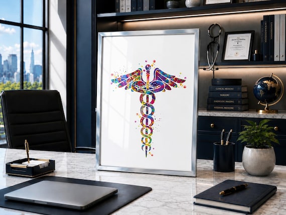 Watercolor Caduceus Print: Colorful Medical Symbol Art-685