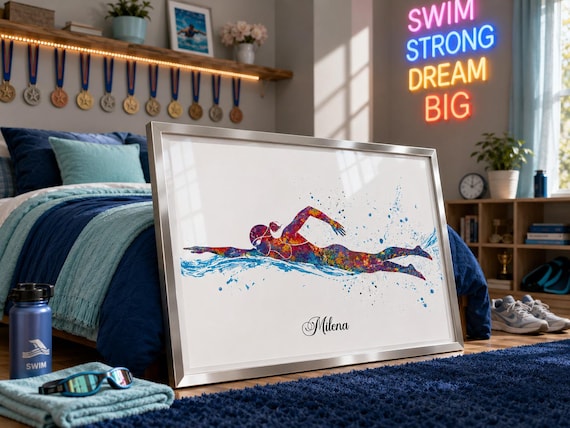 Swimmer Girl Watercolor Print: Sport Wall Art-568