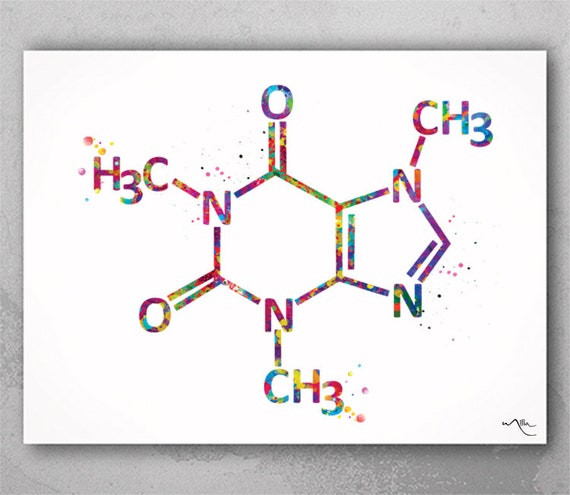 Caffeine Molecule Watercolor Print, Science Art-89