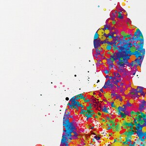May include: A colorful watercolor painting of a Buddha figure. The figure is rendered in a vibrant array of colors, including blue, red, yellow, and green, with a white background. The word "CLOSE-UP" is at the bottom.