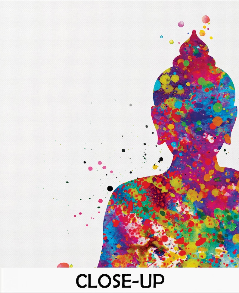 May include: A colorful watercolor painting of a Buddha figure. The figure is rendered in a vibrant array of colors, including blue, red, yellow, and green, with a white background. The word "CLOSE-UP" is at the bottom.