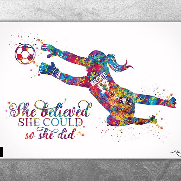 Soccer Goalie Personalized Watercolor Print Goalkeeper Girl Female Football Gift Soccer Player Woman Customized Soccer Gift Wall Art-2715