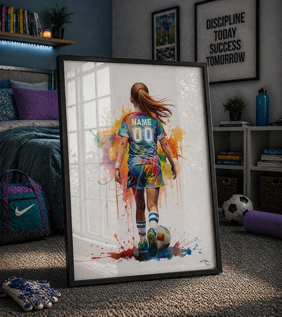 Personalized Watercolor Soccer Girl Print, Redhead Footballer Gift-3010
