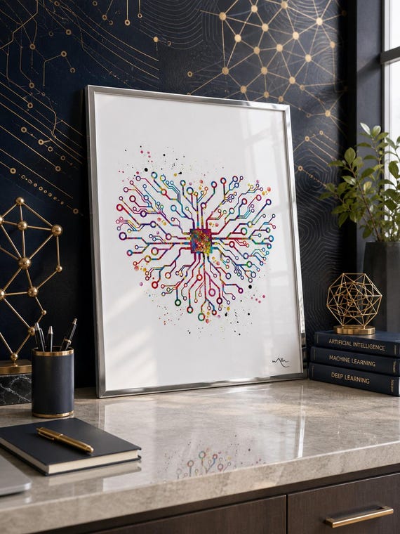 Circuit Board Heart Print: Watercolor Science Art-1720