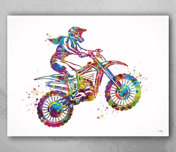 Motocross Watercolor Print, Motorcycle Stunt Art-2234