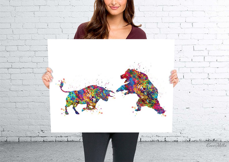 Bull and Bear Watercolor Print Office Decor Wall street Stock Market Exchange Bull vs. Bear Business World Wall Art Investor Trader Gift-356 image 2