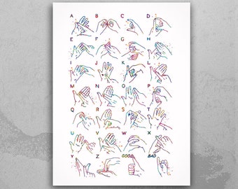 British Sign Language Alphabet Watercolor Print Sign Language Hand Signing Deaf BSL Fingerspelling Poster Manual Alphabet Medical Art-137