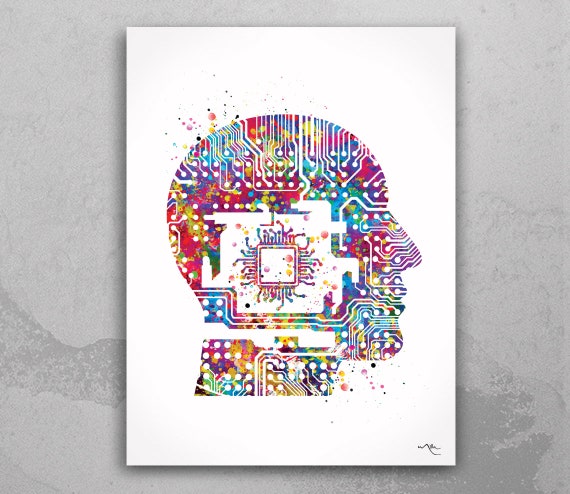 Circuit Board Human Portrait Watercolor Print Tech Man Science Art Computer Electronic Motherboard Print Technology Circuit Board Art-293