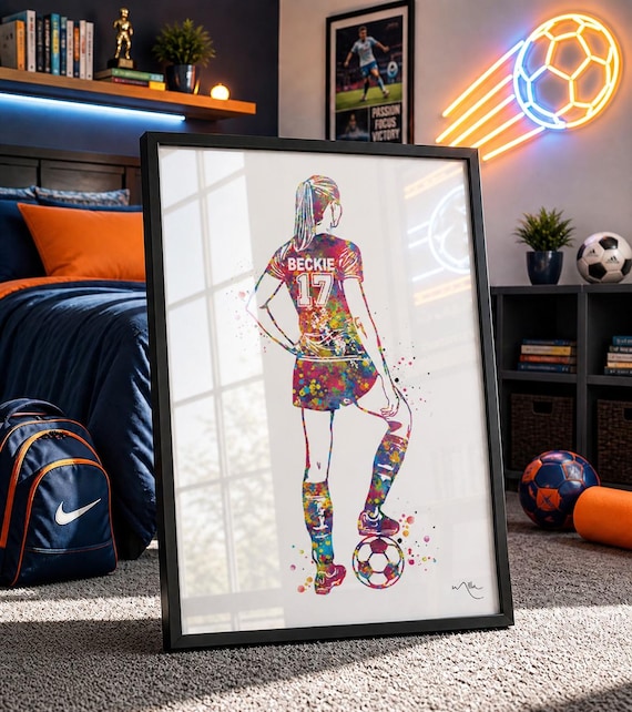 Personalized Soccer Girl Watercolor Print, Custom Female Football Art