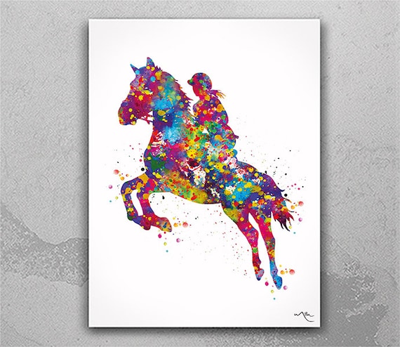 Equestrian Watercolor Print: Horse Rider, Colorful Wall Art-1998