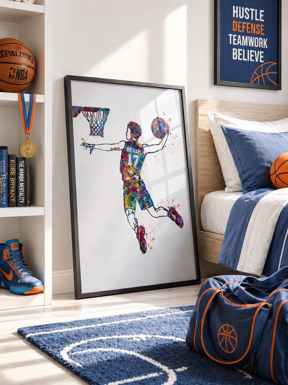 Personalized Basketball Player Watercolor Print, Teen Room Decor-2606