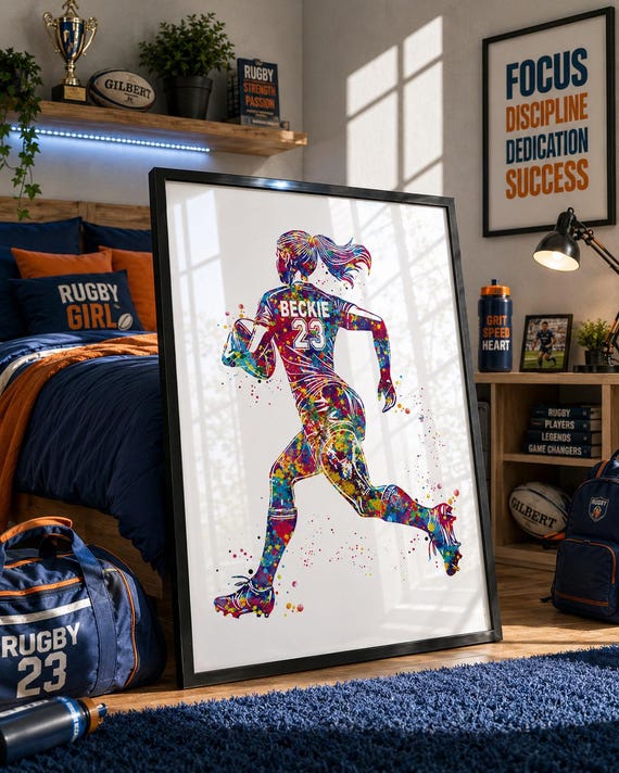 Personalized Rugby Girl Watercolor Print: Custom Name, Number-2796