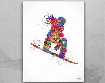 Watercolor Snowboarder Print, Winter Sports Wall Art-2228