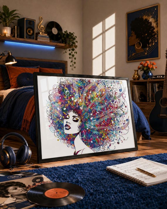 Black Girl Music Notes Watercolor Art Print: Treble Clef Musician Gift-2842