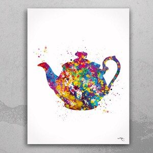 May include: A colourful watercolour painting of a teapot. The teapot is outlined in black and filled with splashes of pink, blue, yellow, green, and orange paint.
