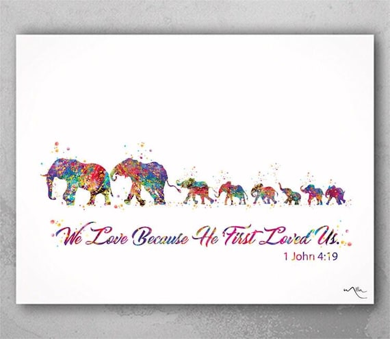 Elephant Family Watercolor Print: Christian Wall Art Decor-529