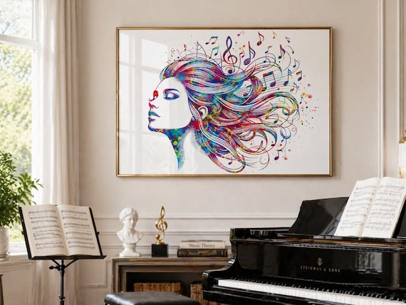 Girl with Notes Watercolor Print | Treble Clef Music Art-2939