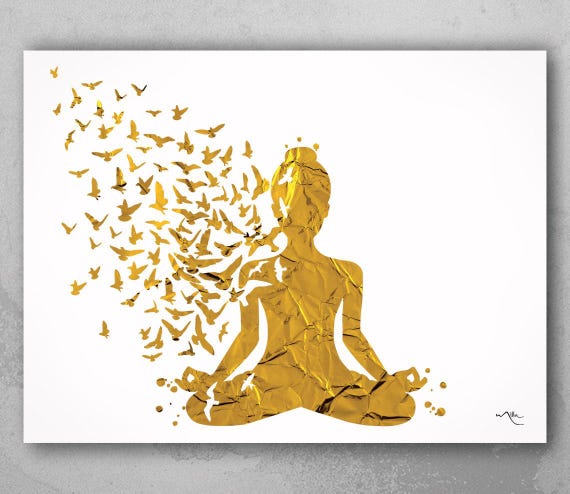 Gold Yoga Print, Sukhasana Pose, Watercolor Yoga Studio Decor-929