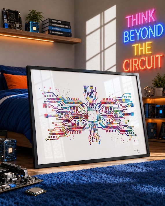 Watercolor Circuit Board Art Print, Modern Tech Wall Decor-1754