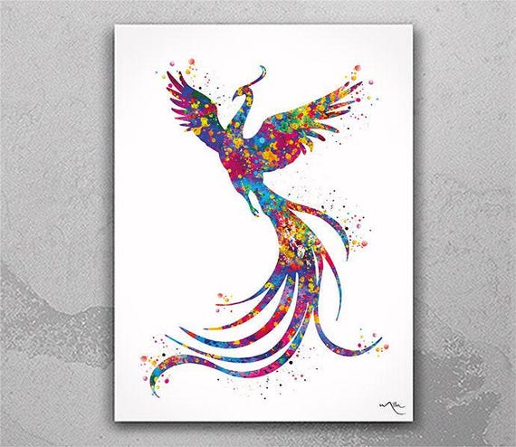 Phoenix Bird Watercolor Print, Colorful Firebird Wall Art-2479